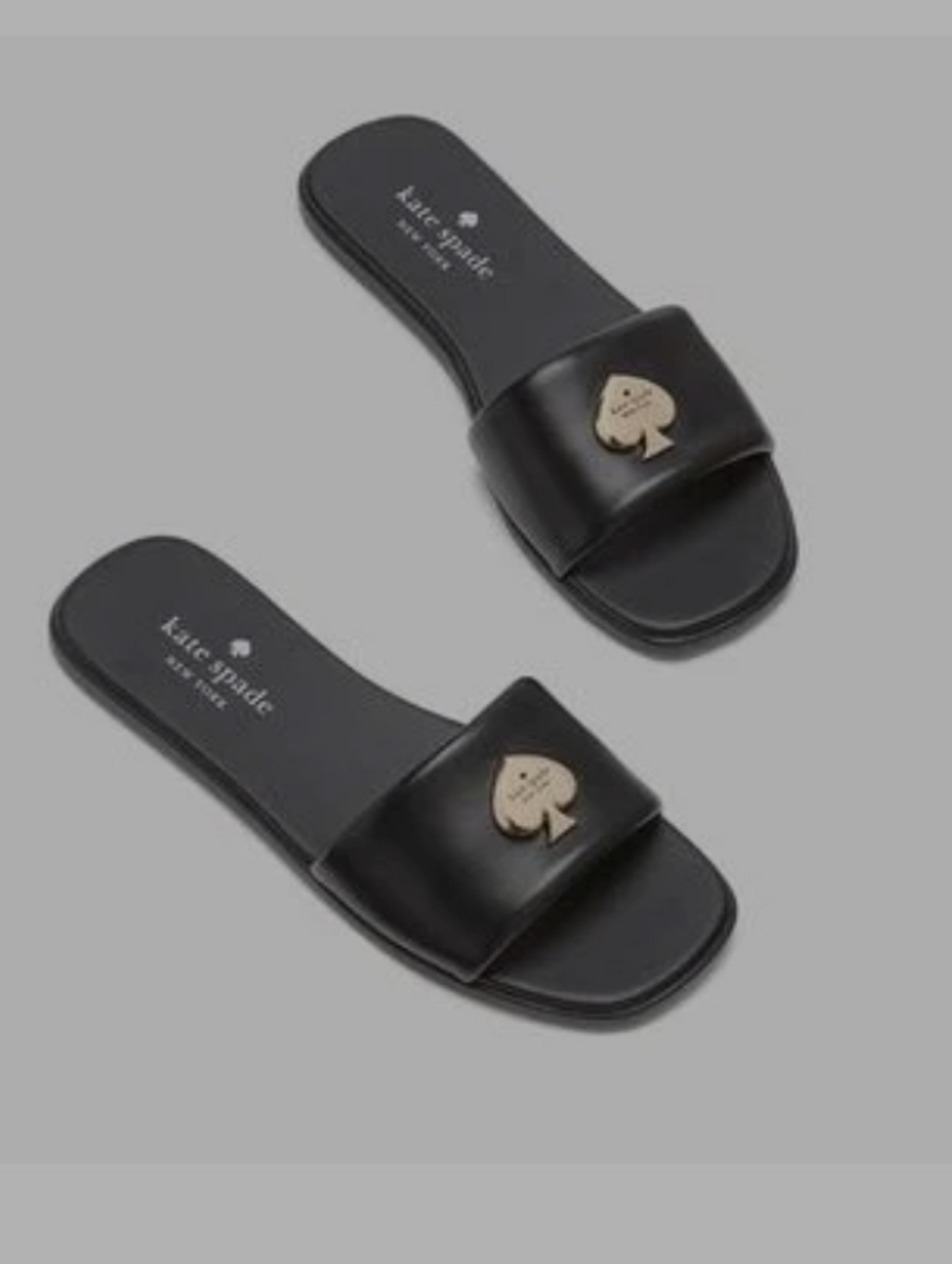 kate spade Black Leather Slide Sandals with Gold Spade Accent